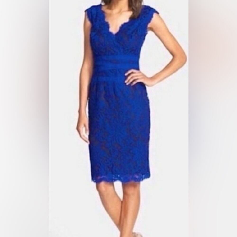 Tadashi Shoji royal blue embroidered lace sleeveless sheath cocktail dress